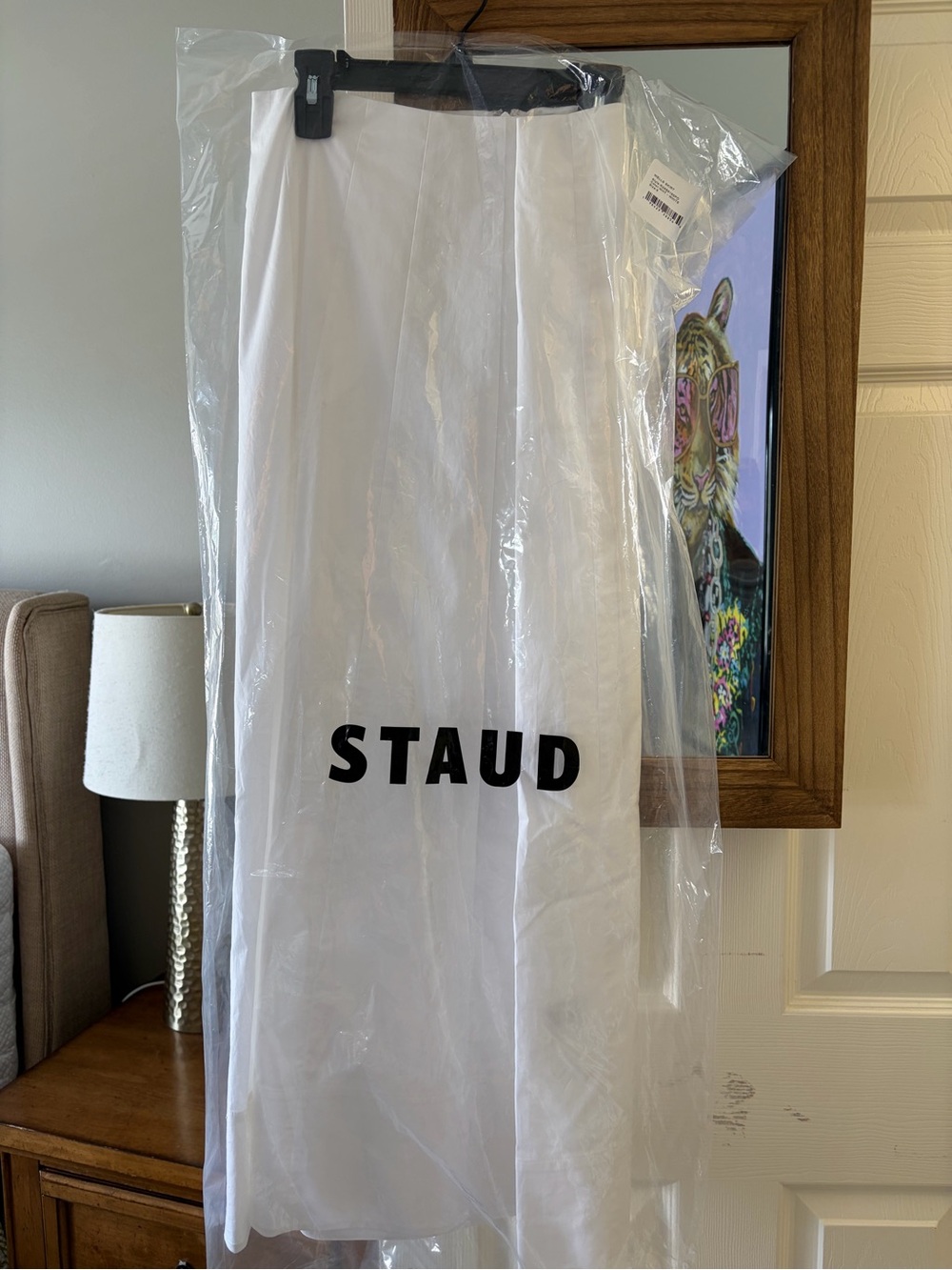 STAUD Wells White A-Line Midi Skirt